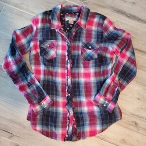 Arizona Jean Co Pink Blue Plaid Cotton Shirt Large Rodeo Cowgirl Western Pearl